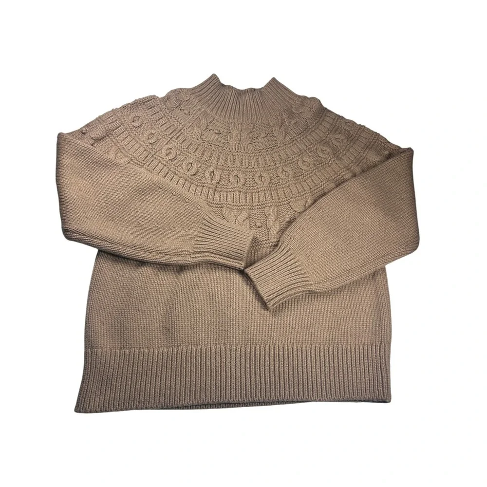 Banana Republic Mens XL Tan‎ Cable Knit Fair Isle Mock Neck Cotton Wool Sweater